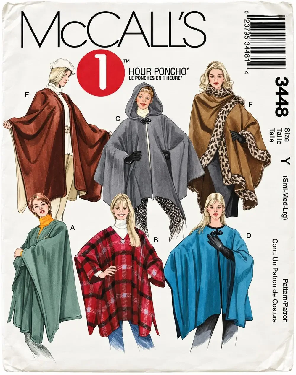 McCalls Sew Pattern 3448 Misses One Hour Ponchos Six Styles S-M-L, 8-18 UNCUT